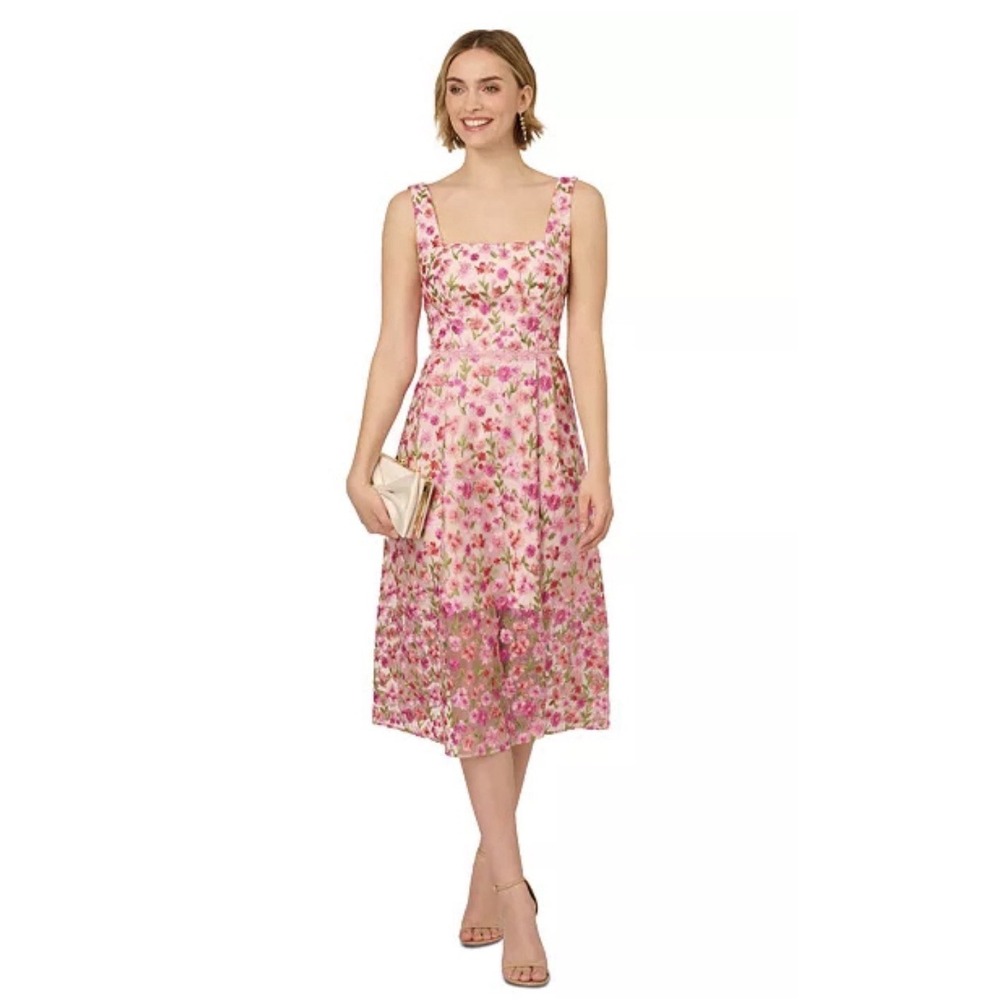 Adrianna Papell Sheer Floral Overlay Womens size 4 Sheath Dress Coquette $199